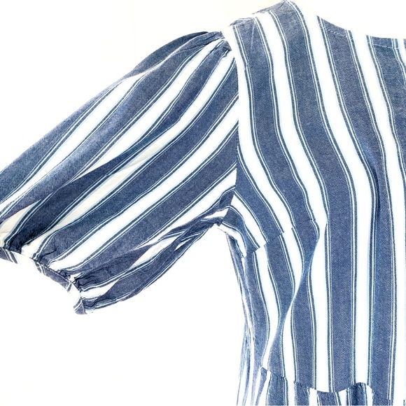 Old Navy Puff-Sleeve Tiered Midi Swing Dress in Blue Striped Small S Pockets - Picture 3 of 15
